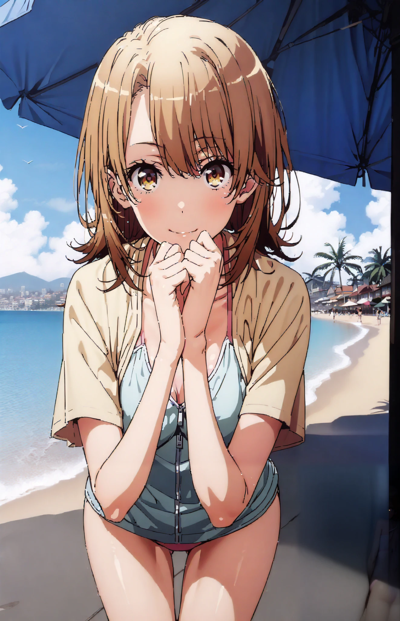 Irohaisshiki, Isshiki Iroha , short hair, black cock, brown eyes,smile,cover,close your mouth,yellow hoodie with zipper,Short sleeve,pink string bikini swimsuit,Front is open ,Bare legs,beach sandals,Palm Trees,turn their hands back,Everlasting summer,noon,clothed,clothed,clothed,Beautiful cityscape,sea,full bodyがイラストに入るように,break outdoors,sea岸通り
break looking at viewer,full body,
break (masterpiece:1.2),top quality , kampala,Unity 8k Wallpaper,(shape:0.8),( fine, beautiful eyes :1.6),It's a person ,full body写真,CG Details , (perfect hands,complete anatomy),