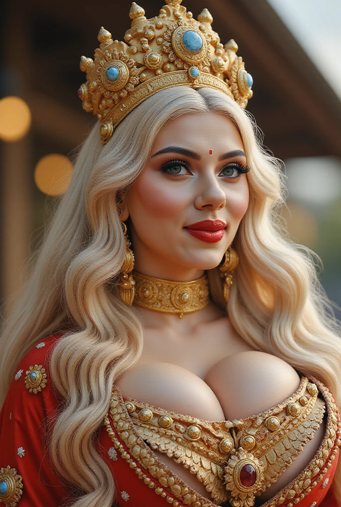 Close up, blonde, plump woman . She is wearing a red caftan decorated with gold and white threads embroidered with a modern and high quality technique. She is holding a detailed and precise Algerian flag in green and white, green nature background. 