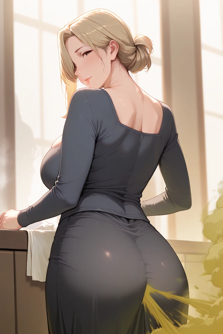 score_9,score_8_up,score_7_up,rating: general,1girl,solo, short hair,breasts,looking at viewer,blush,bangs,large breasts,blonde hair, eyes,dress,bare shoulders, closed mouth,ass,thighs,looking back, from behind,black dress,back,no panties,see-through hellsing, seras,shexyo, shexyo style, vampire red eyes, smirk, seductive, sexy, presenting ass