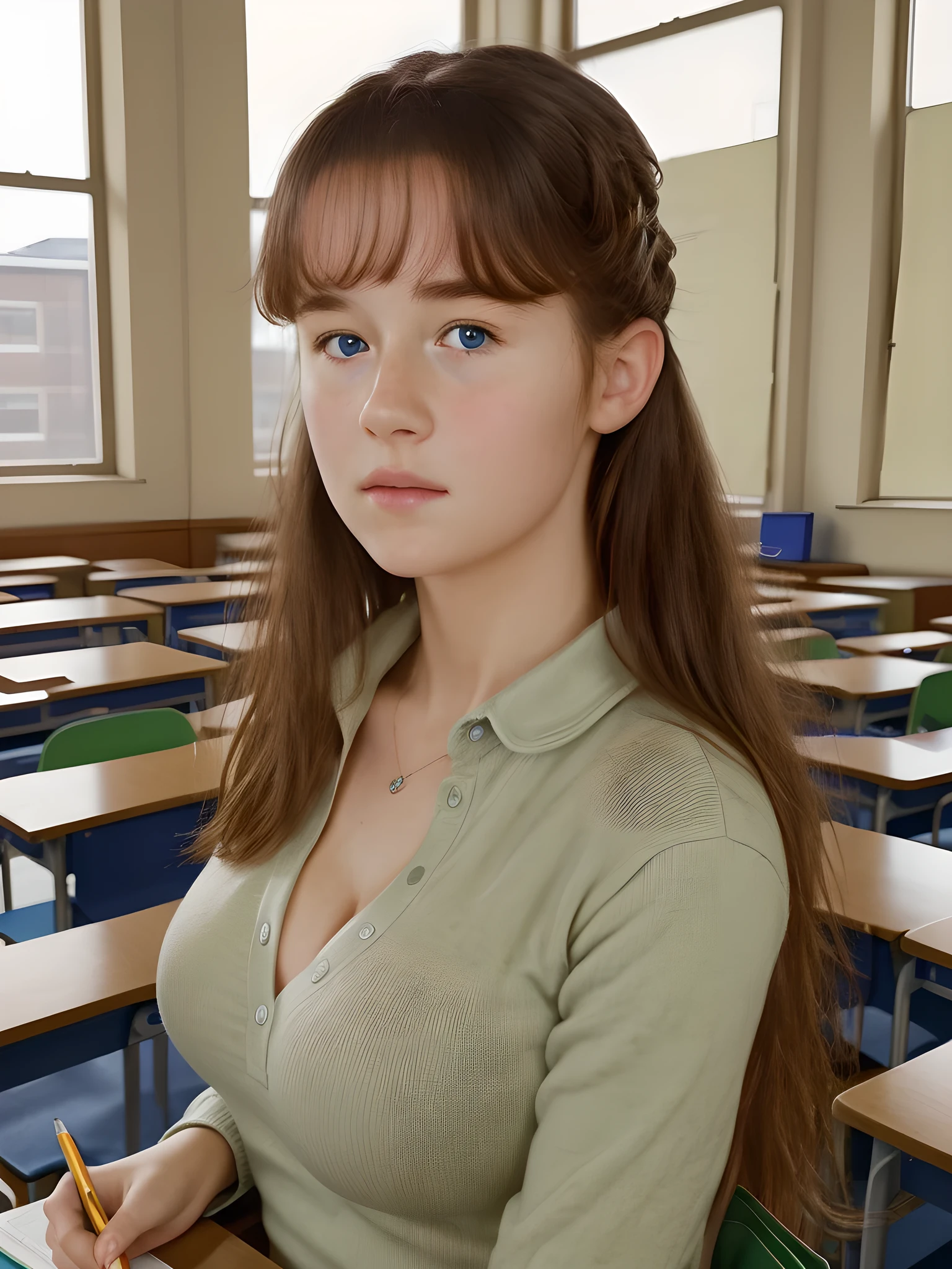 (best quality,4k,8k,highres,masterpiece:1.2),(ultra-detailed,photorealistic,photo-realistic:1.37), (((Clare))), ((student in classroom, doing homework)), (very large bust size)