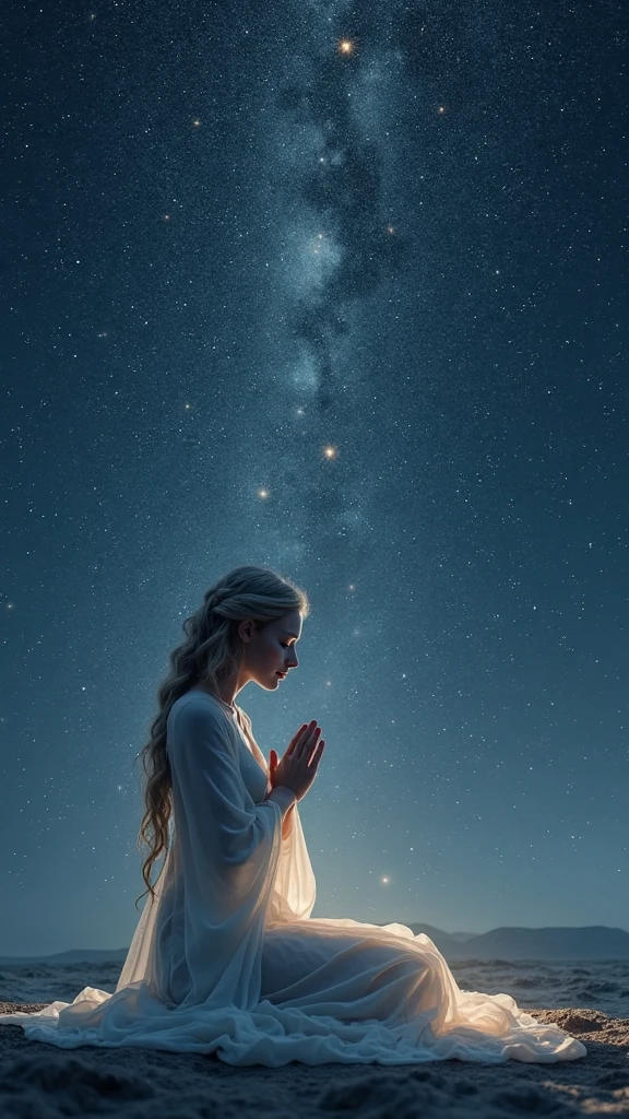 20 years old,blonde,blue colored eyes,praying,Starry sky behind.