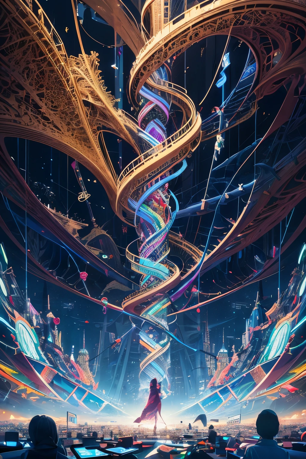 official art, unity 8k wallpaper, ultra detailed, beautiful and aesthetic, masterpiece, best quality, (zentangle, mandala, tangle, entangle), (fractal art:1.3) , 1woman, extremely detailed, dynamic angle, cowboyshot, the most beautiful form of chaos, elegant, a brutalist designed, vivid colours, romanticism, atmospheric, ecstasy of musical notes, streaming musical notes visible, digital details like Java and C++ also visible, a Computer Display and a Smartphone melting from the top to the bottom