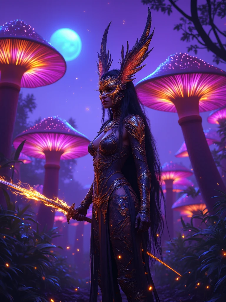 Cyberpunk succubus warrior in neon mecha armor,Holding a staff in a pool of blood,Luminescence的光眼,Devil's Wings,Wide-angle lens,biology,weird,Creepy,nightmarish,Very bright neon colors,Light Particles,Luminescence,Best Photo of the Year Winner,the world on fire,Post-apocalyptic hellscape,Military photography,Epic Photo of the Yeare on the horizon,Epic movie shots,Pure form,Intricate details,8k,Post-production,high resolution,Super Detail
