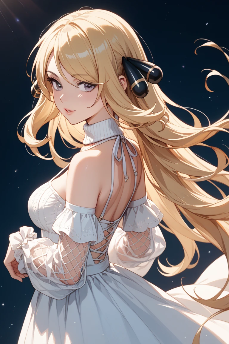 (Original Unity 16K Character Wallpaper, Masterpiece, Best Quality, Ultra Detailed, Extremely Detailed CG, Caustic, Cinematic Lighting, Detailed, Beautiful Detailed Purple Eyes, Sexy Lonely Woman), Mature Woman, Tall, Mid 20s years, blonde (golden) hair, tied (ponytail), from the front, ultra high resolution, thin skin, (maid, white clothes, black maid apron, white maid headdress), (bright light), large busts , perky breasts, big ass, oily skin, Curby:1.2, , sexy woman, smiling, upper body, background, universe, portal, stars, Milky Way, standing, facing