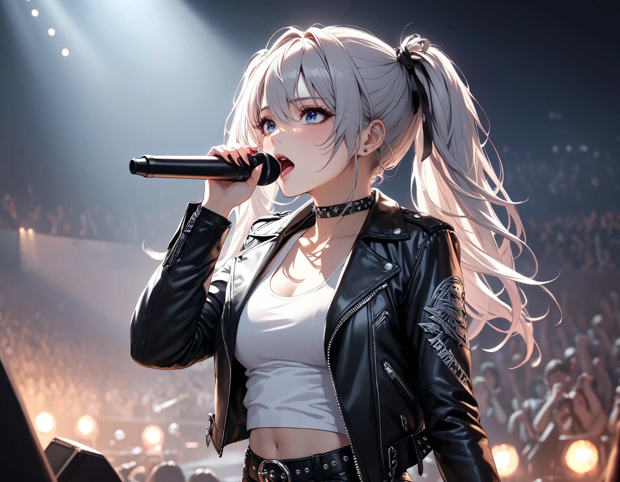 ((best quality)), ((masterpiece)), (detailed face and eyes), perfect face, accurate, textured skin, high details, highres, Black leather jacket, white tank top, hair tied in twin tails with ribbons, Rock Concert, Heavy Metal, Vocalist, passionate singer