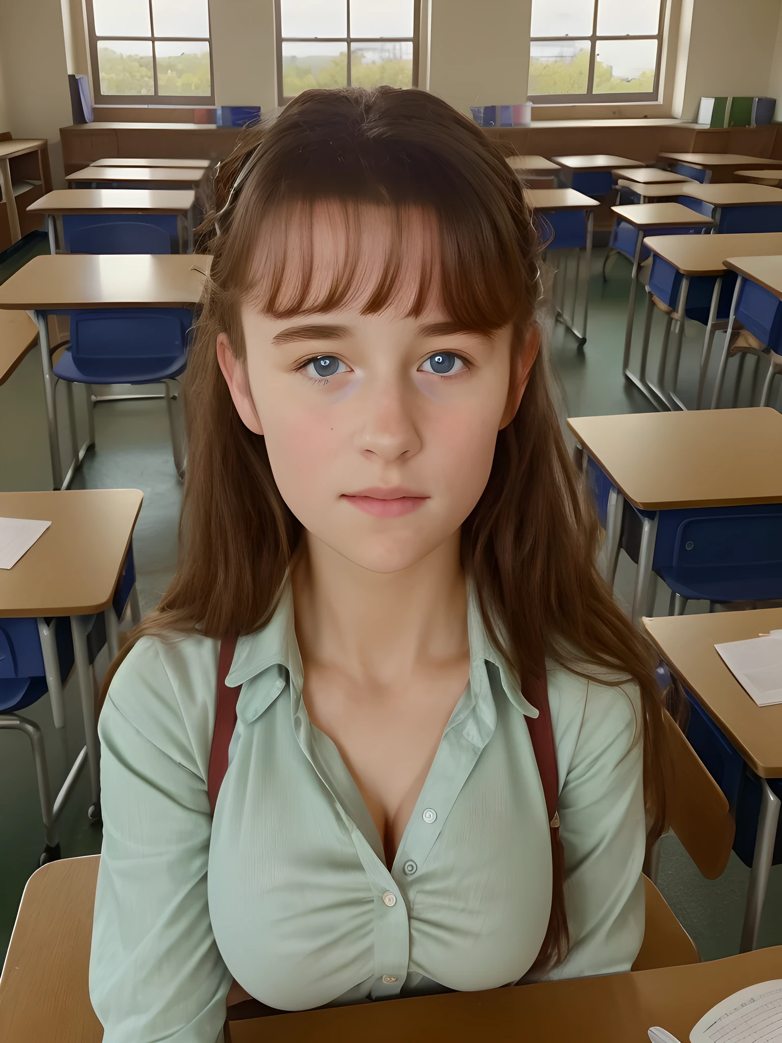 (best quality,4k,8k,highres,masterpiece:1.2),(ultra-detailed,photorealistic,photo-realistic:1.37), (((Clare))), ((student in classroom, doing homework)), (very large bust size)