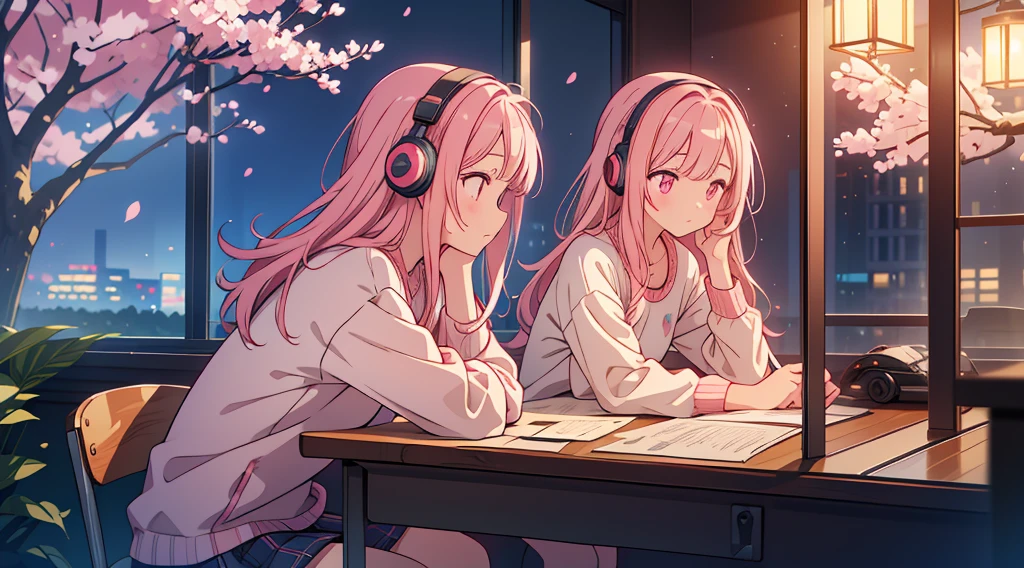 A cozy nighttime scene featuring a young girl sitting by a large window, gazing at cherry blossoms illuminated by soft neon lights. The room is dimly lit with a warm glow from a small desk lamp. The girl wears a loose sweater and headphones, lost in thought as gentle rain drizzles outside. Reflections of pink sakura petals and city lights shimmer on the wet glass. The atmosphere is calm and melancholic, perfect for a lofi music setting.