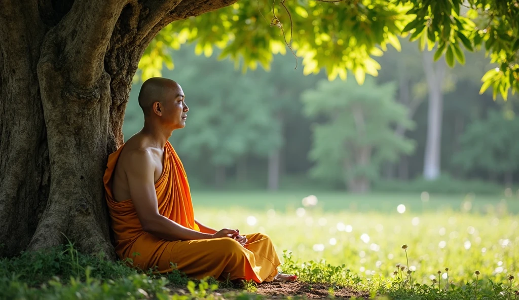 A Buddhist monk in meditation under the shade of an ancient tree in a quiet garden, rosto de perfil, foto mais proxima , foto maior do monge, roupa azul acinzentado