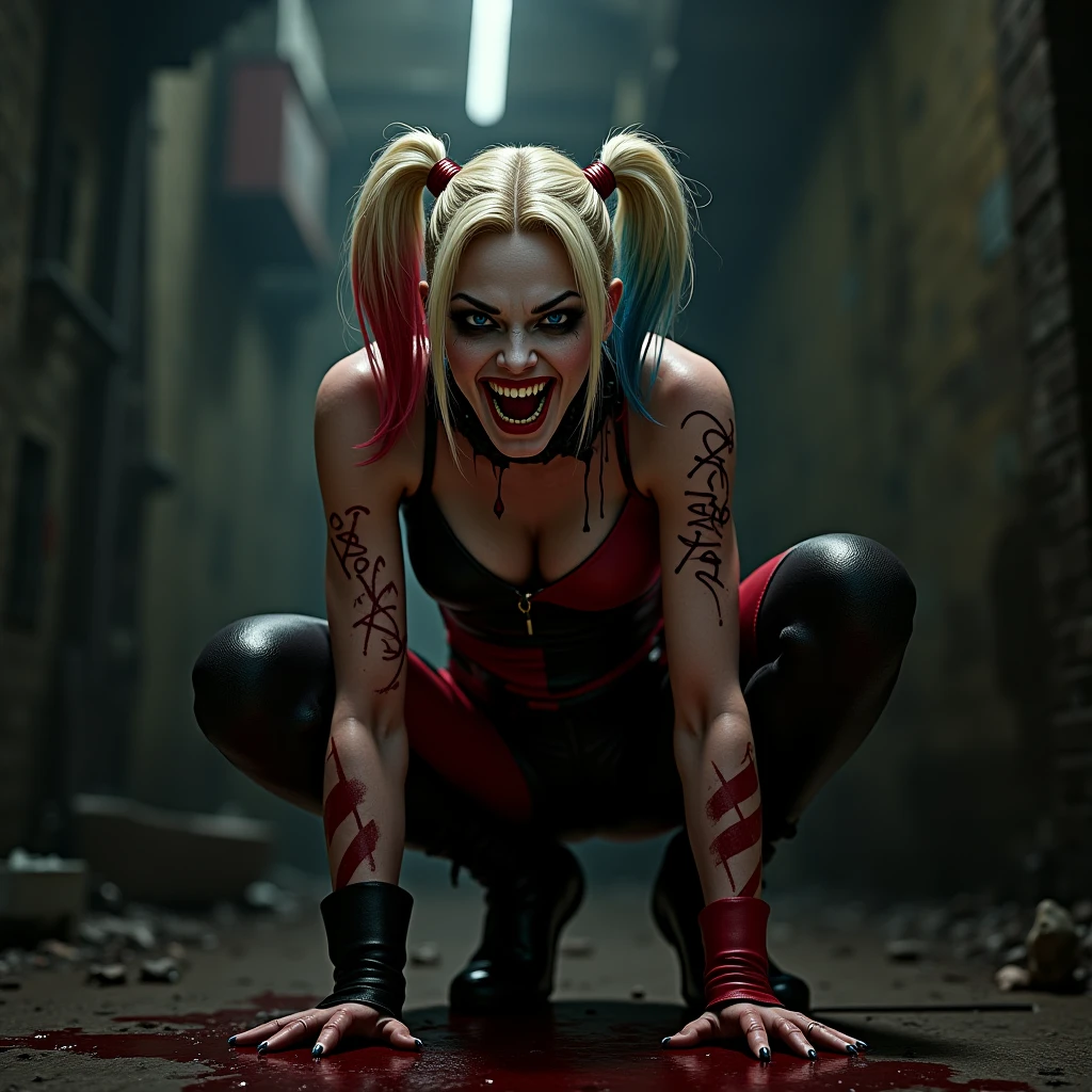 Harley Quinn ripping a pillow 