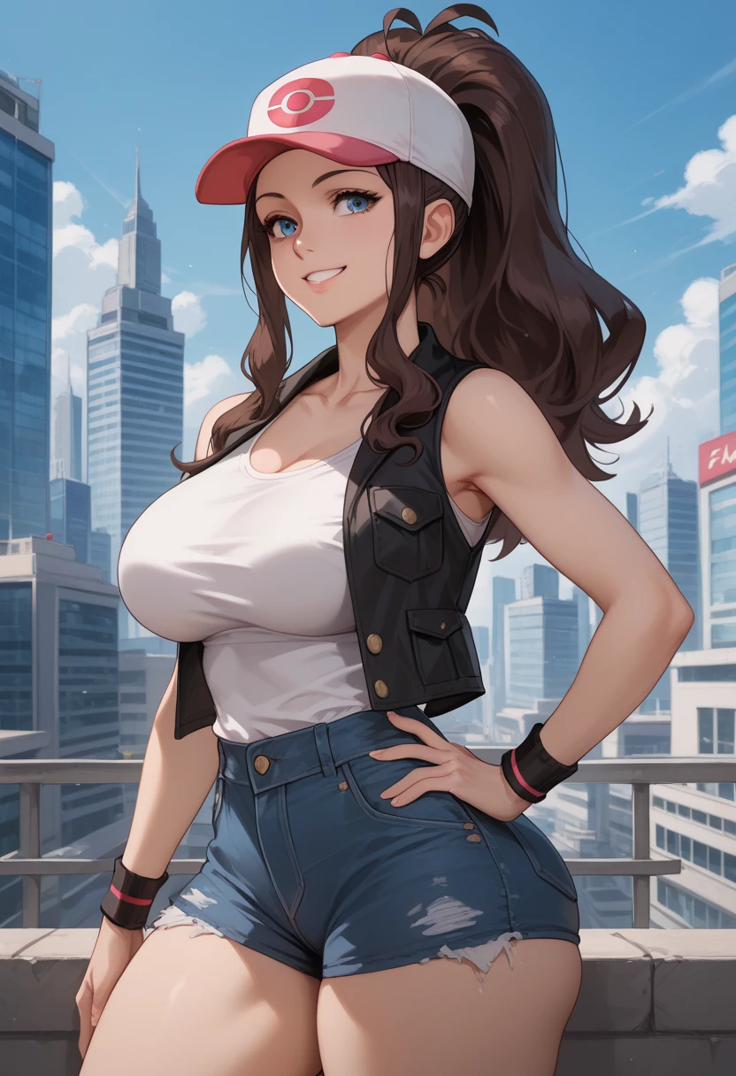 centered, award winning upper body portrait, cowboy shot, (looking at viewer:1.2), | solo, smile, def1, | city, scenery, city lightokeh, depth of field, cinematic composition, | dynamic pose, mature, large breasts, hilda pokemon, white shirt, black vest, denim shorts, baseball cap, sleeveless, midriff, high ponytail, large hair