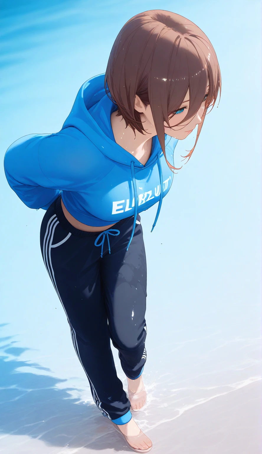 Short tousled brown hair, Energetic, young girl, Red jumpsuit, sporty jumpsuit, Fluffy, dog ears, tail, ((alone)), Surprised wide eyes, Blushing, bashful expression, Mid-motion, playful stance, Sunset sky, Lush green fields, Silhouetted distant mountains, worried, woman, ((peeing stain))