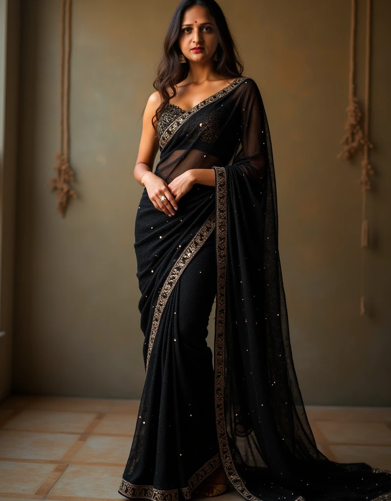 A female indian Instagram model, wearing a black pink satin saree in a elegant looks, d size, elegant pose, in a pink background, rim light, warm lights, smoke, long glazing hair, spotlight illumination, rich shadows, sparkling bokeh, exquisite details, high-resolution, 35mm film, timeless elegance
