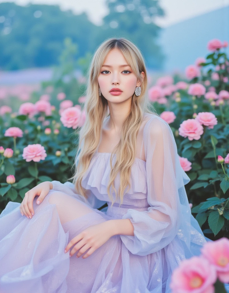 (White background:1.2)，springtime，(no light:1.1)，(seductiv:1.2)，ellegance，long whitr hair:1.1)，(Blushlush:0.7)，Floating hair，Deep sky，As estrelas，(Floral dress:1.1)，Shiny low diagonal tail，(Multi-colored peony:1.15)、decorations、petals(lacepantyhose:1.1)、ribbons，4K