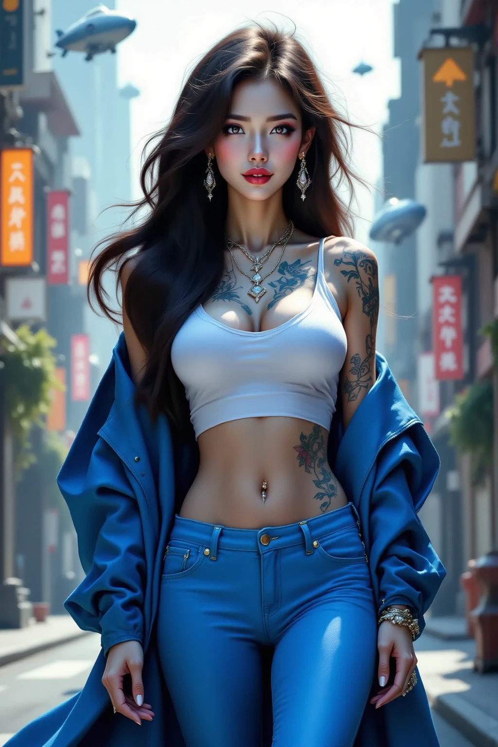 A pornographic girl wearing Chinese underwear,s the perfect face,Wearing black stockings,Wear stiletto heels,with tattoos,Have on the street,CG,incredibly detailed,ultra-realistic realism