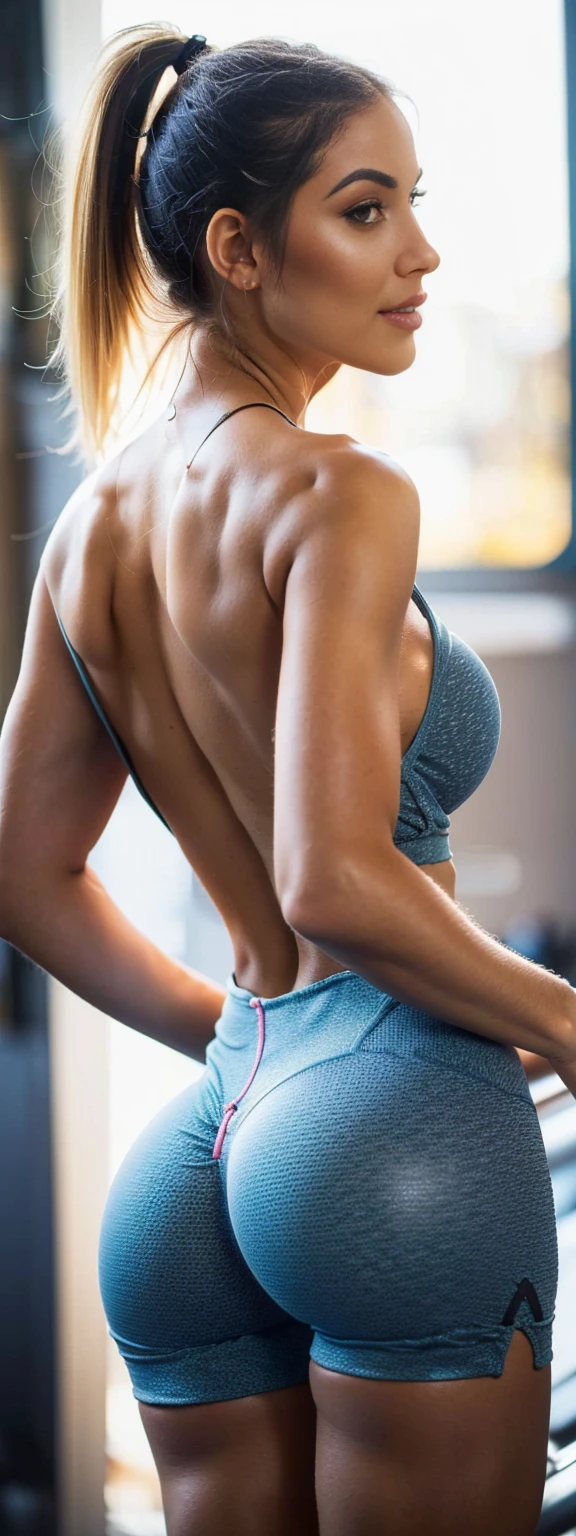 Best quality, 1 Latina woman, best age, working out with her back to the camera, wearing white and transparent yoga clothes, tight clothing, glued to her body, reveals her body on her back, beautiful curves, perfect female body, long black hair dyed blonde, (masterpiece), (best quality), (ultra detailed), (ultra realistic), (best character detail: 1.36), nikon d750 f/1.4 55mm, dynamic angles, professional lighting, photon mapping, radiosity, 8k, HDR, (soft color: 1.2), shallow depth of field, wide light, high contrast, backlighting, flower, light brightnesses, chromatic aberration, sharp focus, RAW color photo