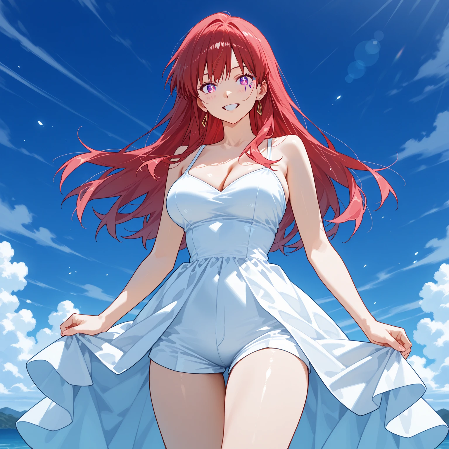 masterpiece、highest quality、High resolution、Very detailed、Close-up、Focus on the face、Beautiful eyeedium wide shot、Mature Woman、(aty, long hair, blue eyes, red hair, Hair between the eyes、Big Breasts)、Hands behind head、Put your hands on your hips、bikini、Wave Splash、grace、Smiling、