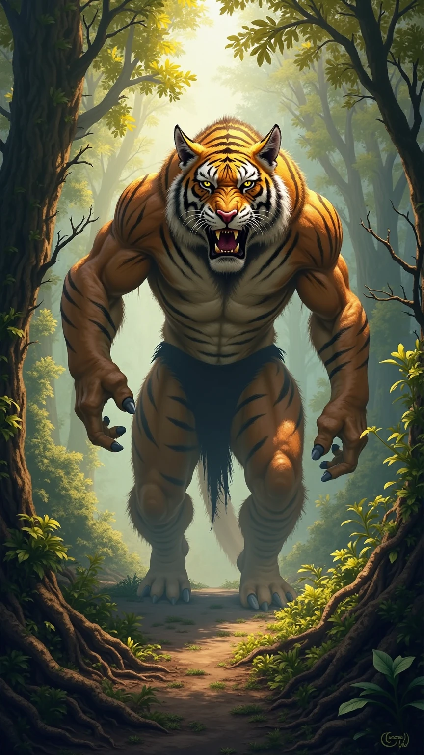 A humanoid tiger monster on a forrest