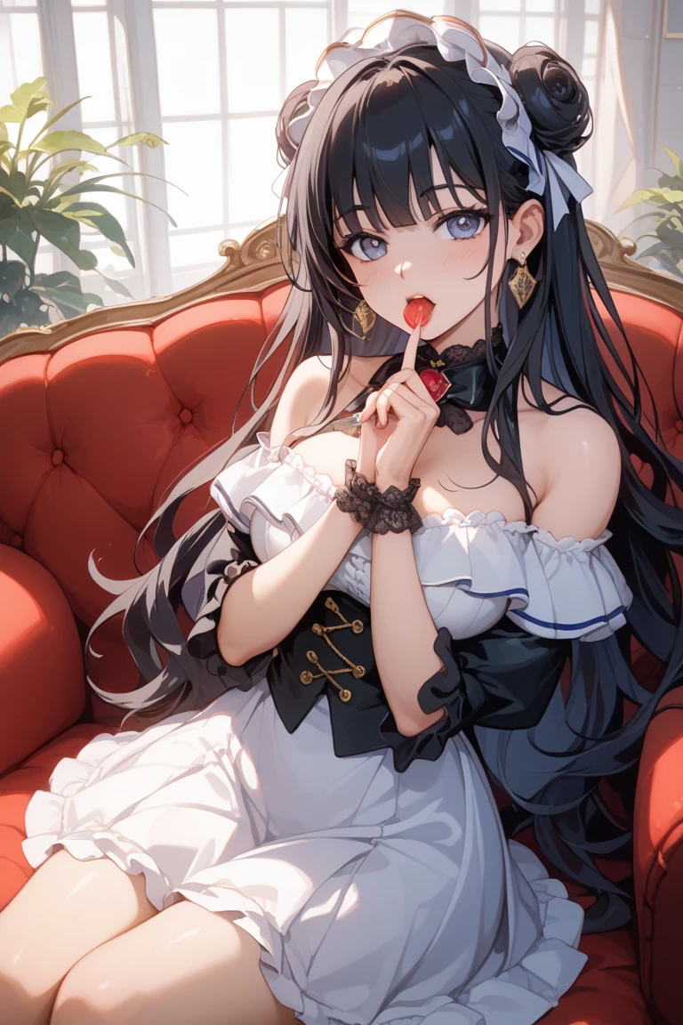 (8K、Highest image quality、highest quality、masterpiece)、detailed face、1 girl、black hair、long hair、wavy hair、light blue eyes、earrings、evil smile、big breasts、cleavage、black dress、white ruffles、skirt_tail、cowboy shot、put your hand over your mouth、sit in a luxurious chair、Take from below、Luxury room background