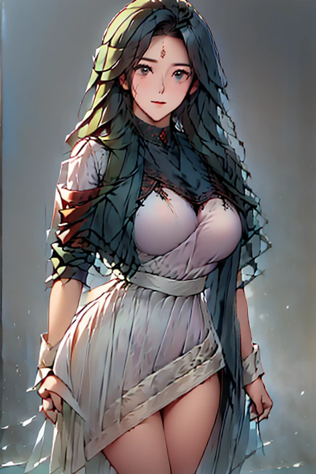 masutepiece, Best Quality, Ultra-detailed, Live-action adaptation,high-level image quality、 sage_(DQ3), 1girl in, (holding A staff, A staff:1.3), Solo, Long hair, Blue hair, circlet, Red Eyes, normal breast, yellow gloves, White Dress, Belt bag, Cape, long boots, cleavage, Bare shoulders, Underwear, wind lift,  Background, white Background
