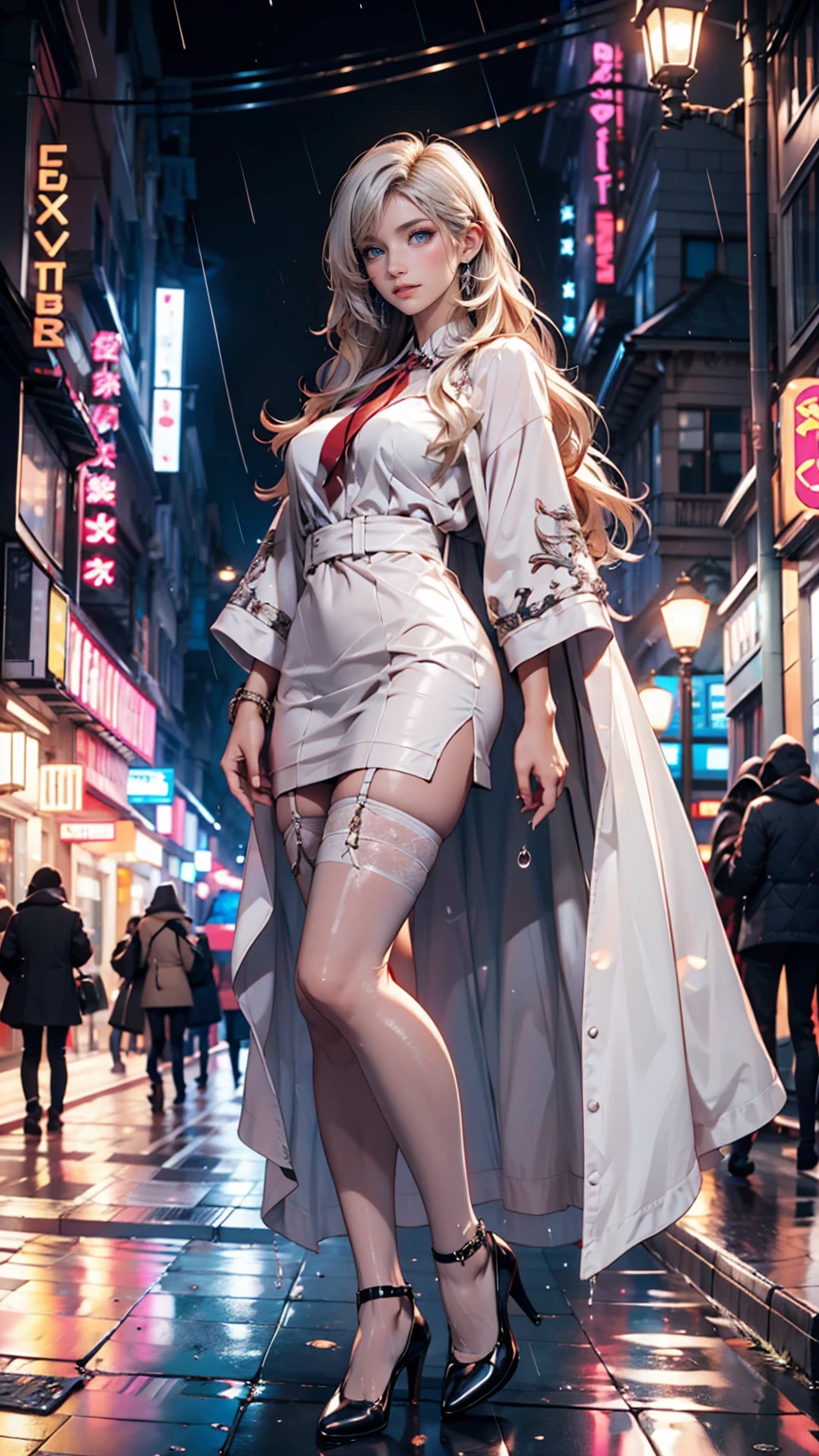((最high quality, 8K, masterpiece: 1.3, Ultra HD, high quality, 最high quality, High resolution, realism)) 、(high color saturation:1.0), (highly detailed skin), (最high quality:1.0), (超High resolution:1.0) ,(realistic:1.0), (Super detailed:1.0), (8K, Raw photo:1.1), slender、Slender, muscular body that's toned like an athlete's、25 year old white woman、blue eyes、platinum blonde、long hair、hair is wavy、Wear accessories on your wrist、wear a one-shoulder dress、Wear stiletto heels、Taking shelter from the rain under the eaves of a store