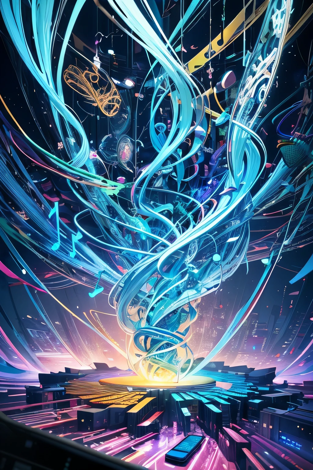 official art, unity 8k wallpaper, ultra detailed, beautiful and aesthetic, masterpiece, best quality, (zentangle, mandala, tangle, entangle), (fractal art:1.3) , 1woman, extremely detailed, dynamic angle, cowboyshot, the most beautiful form of chaos, elegant, a brutalist designed, vivid colours, romanticism, atmospheric, ecstasy of musical notes, streaming musical notes visible, digital details like Java and C++ also visible, a Computer Display and a Smartphone melting from the top to the bottom