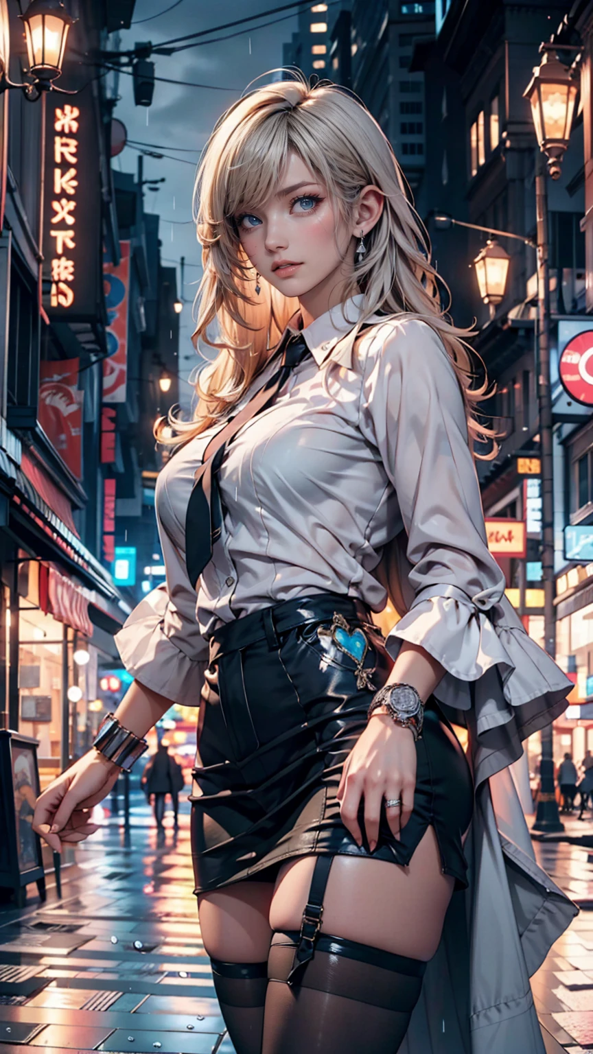 Masterpiece, high quality, 4k, detailed face, ((luminernd)), large breast, cleavage, navel, (night city view), (black jacket:1), (black bra, short skirt), unzip
