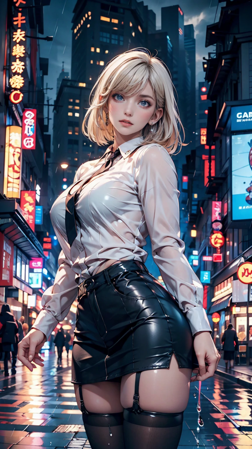 (masterpiece, best quality, ultra high resolution),1 girl, promote, dark brown skin, blue eyes, blonde hair, Big breasts, Thick thighs, Himekat, Black office jacket, White shirt, Black office skirt and black, Beautiful and detailed face, delicate eyes, Detailed nose, Cyberpunk city at night with fog and neon lights