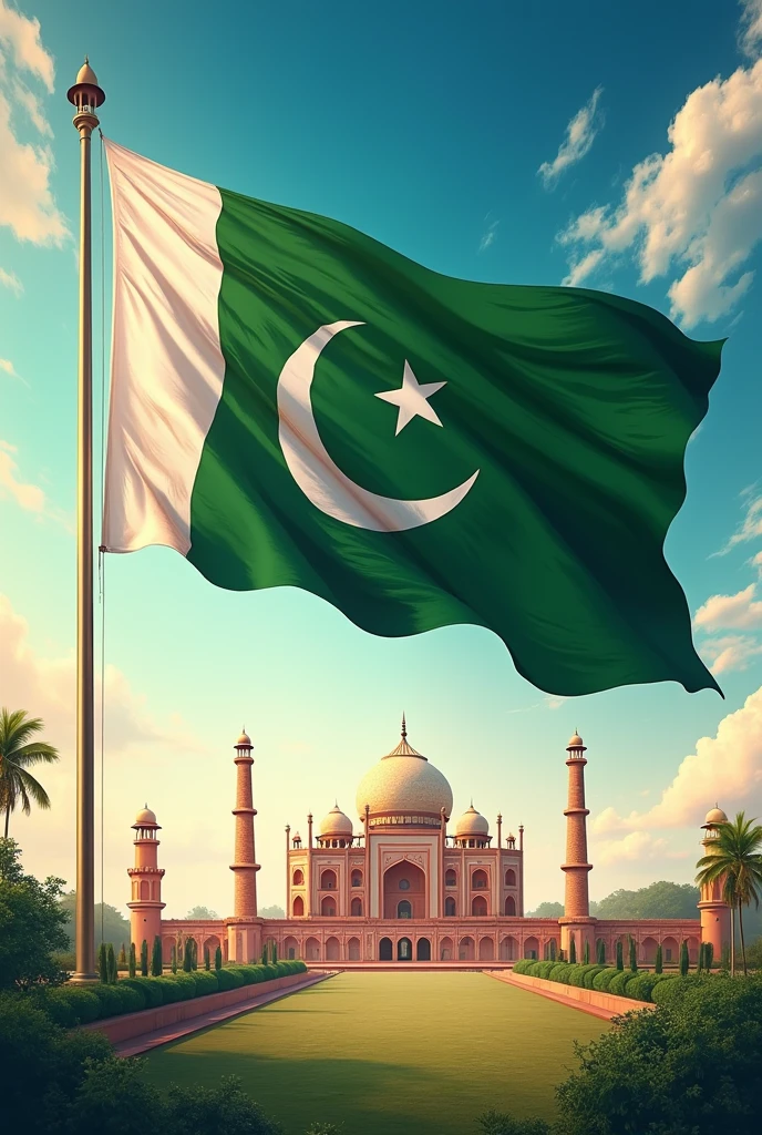 Badshahi mosque with Jinnah Mausoleum with lahore fort waving pakistan flag