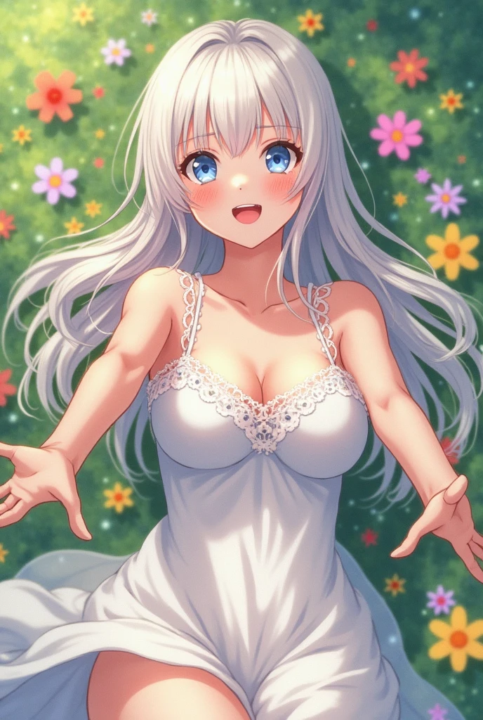 A gentle lady-type girl、Super long and gray hair color、Grey Eyes、Mature Junior High School Girl、Slightly fished、Beautiful woman with beautiful eyelashes,clear、garden、Big Breasts、A gentle smile、Anime Girls, 魅惑的なAnime Girls, anime style, Best anime girl, , Anime Moe Art Style, Cute anime visuals, Beautiful attractive anime teen