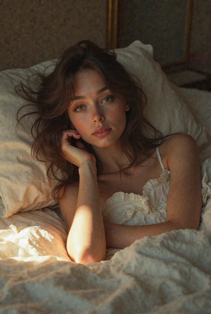 create a very realistic brunette woman, with pink hair lying in bed wearing only lingerie