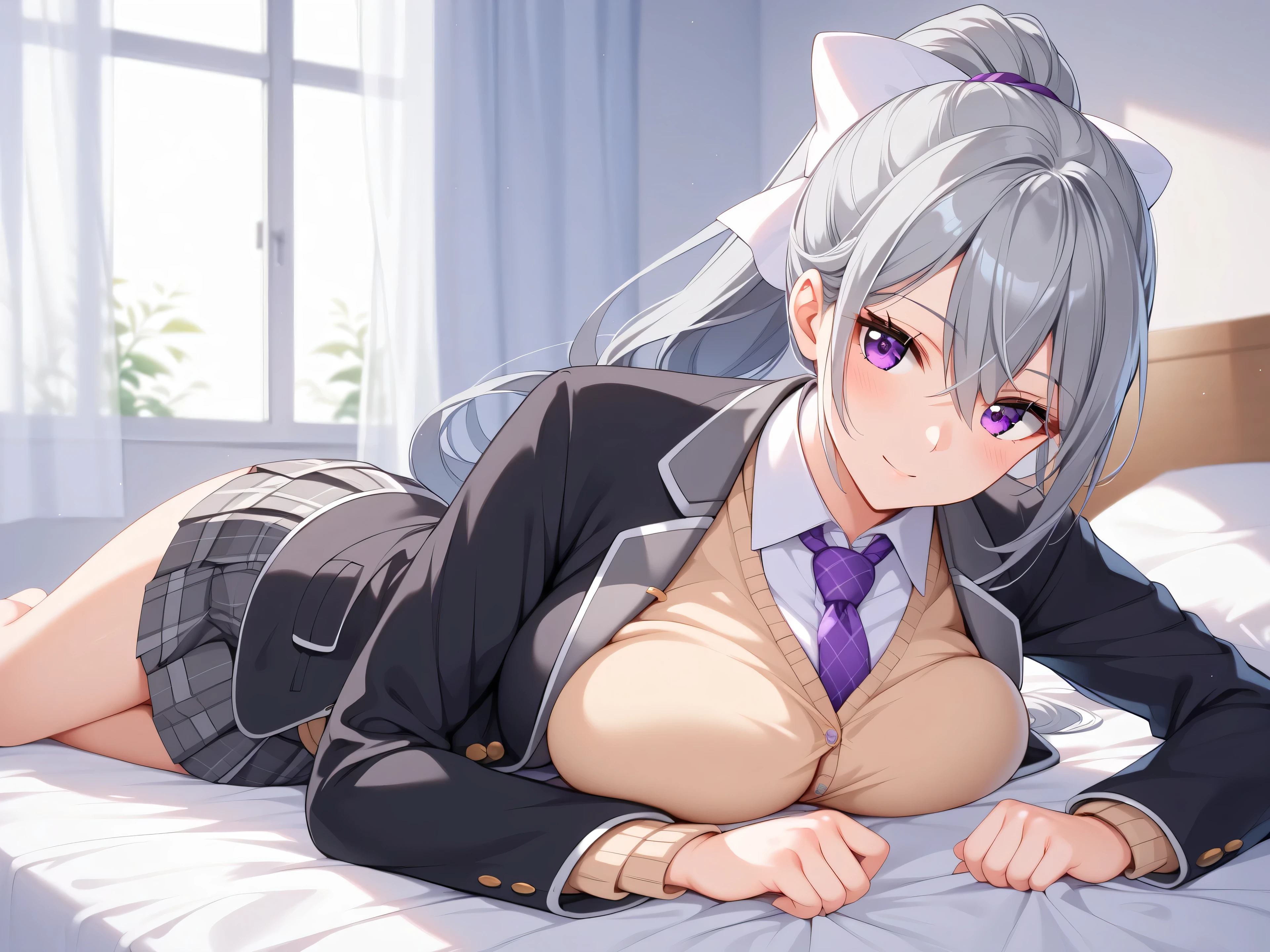 1woman,best quality,ultra-detailed,high resolution,extremely detailed CG,unity 8k wallpaper,score_9, score_8_up, score_7_up, source_anime,hk1, purple eyes, grey hair, hair between eyes, long hair, ponytail, bow, white bow、 shirt, white shirt, necktie, purple necktie, (cardigan), jacket, black jacket, blazer, skirt, grey skirt, plaid skirt, mature female,professional quality、bed room、pleated skirt, breast press,lying on one’s stomace,lie on own stomach