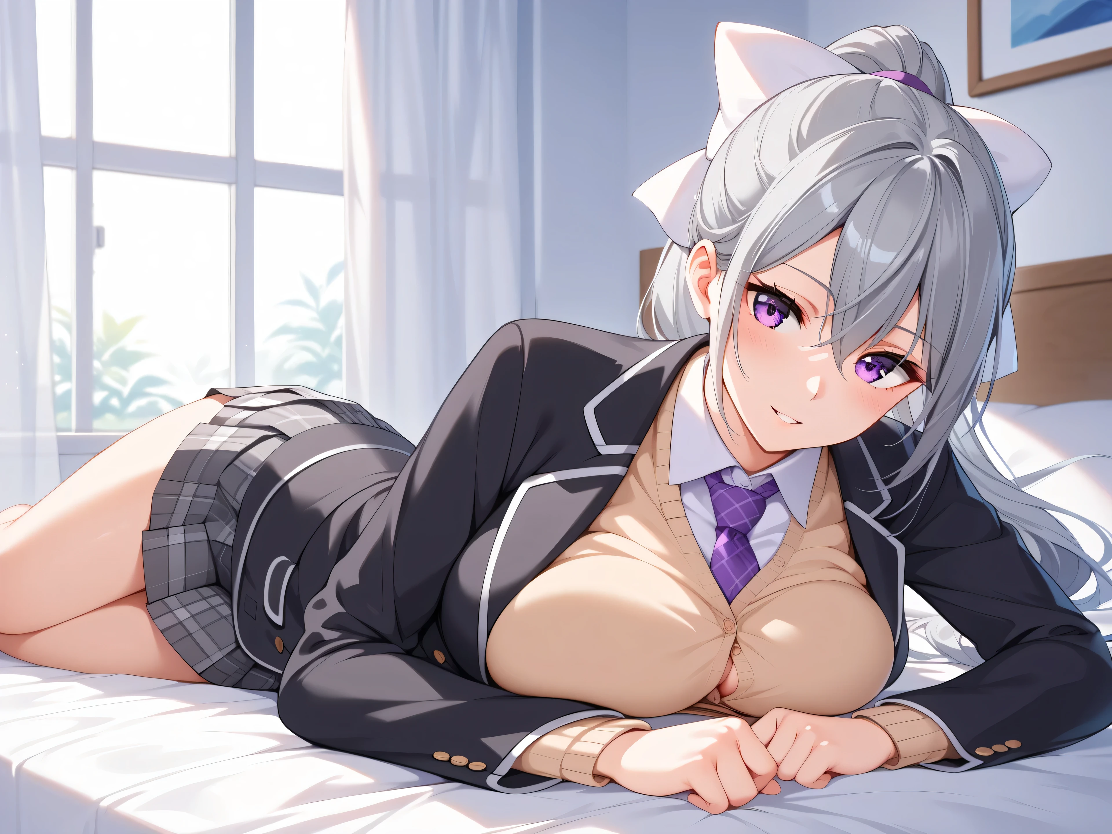 1woman,best quality,ultra-detailed,high resolution,extremely detailed CG,unity 8k wallpaper,score_9, score_8_up, score_7_up, source_anime,hk1, purple eyes, grey hair, hair between eyes, long hair, ponytail, bow, white bow、 shirt, white shirt, necktie, purple necktie, (cardigan), jacket, black jacket, blazer, skirt, grey skirt, plaid skirt, mature female,professional quality、bed room、pleated skirt, breast press,lying on one’s stomace,lie on own stomach