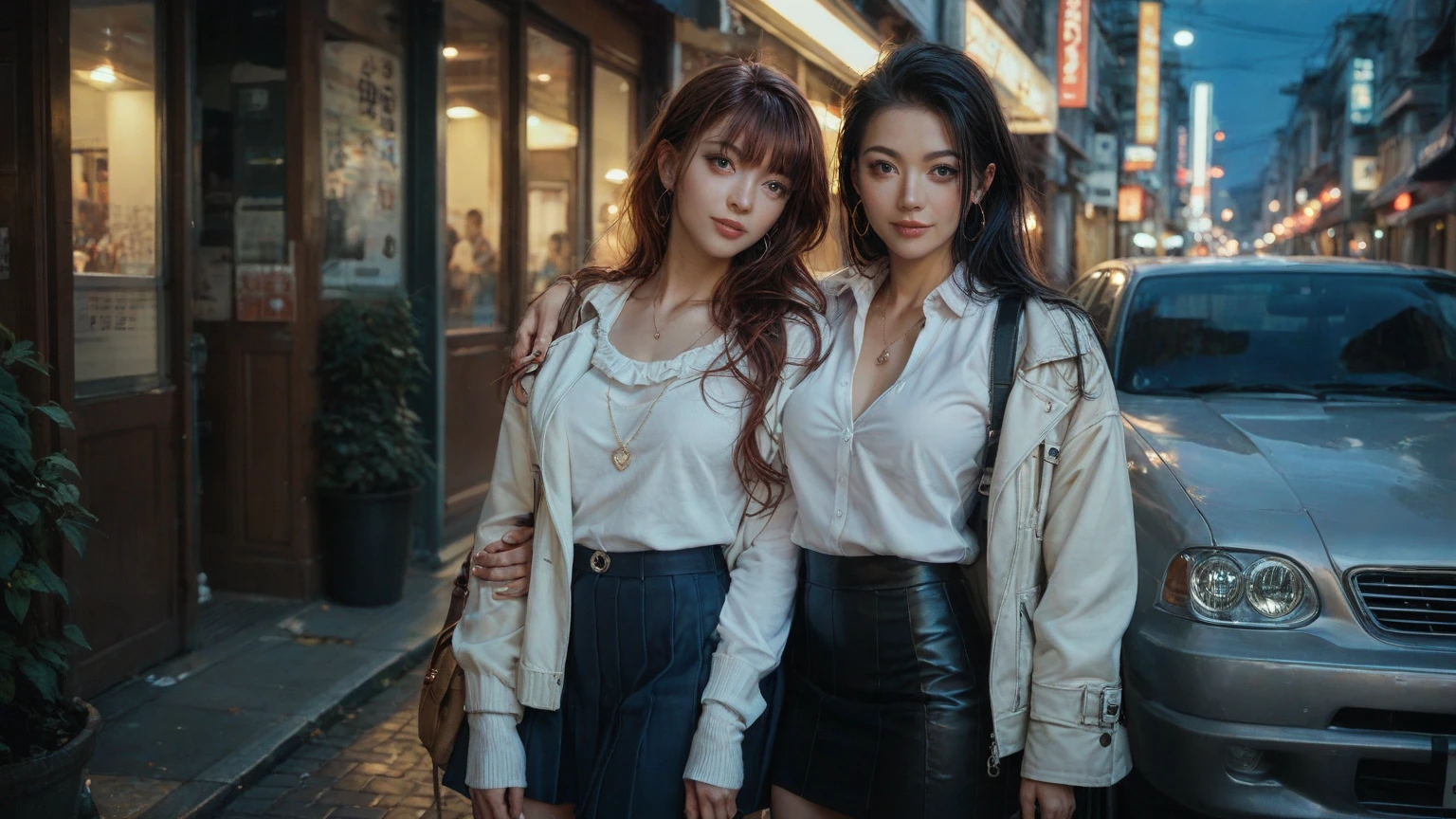 A medium shot of a beautiful young woman and her sister even more impressive. The two are together holding hands strolling down a New York street on a Saturday night on their way to party areas.................