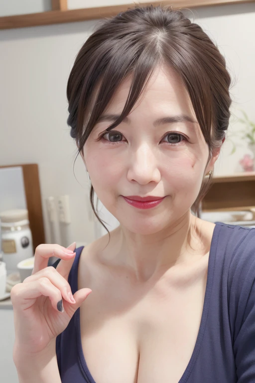 8K, Mature elegant Japanese woman, 55 years old, Married women, Delicate features, Long eyelashes, Sparkling eyes, Low Ponytail, Red lipstick, Rosy Cheeks, eye shadow, Attractive lips, Poke out your lips, ((Kissing Face)), Face close-up,  (Highest quality,8K,High resolution,masterpiece:1.2),