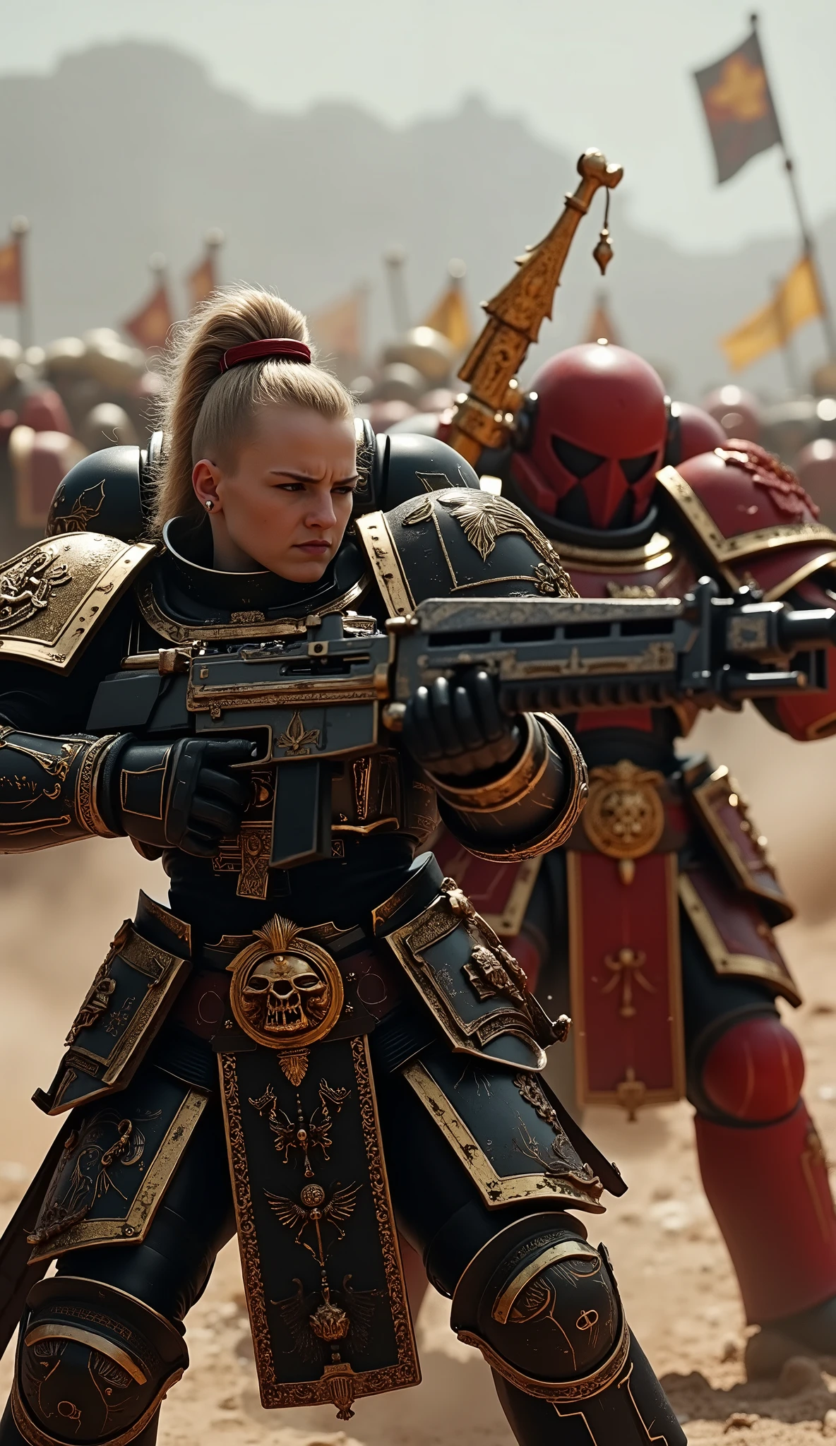 An elite (female Custodes) and (male Custodes) fighting and shooting side by side on a battlefield. The famale Custodes has a black and gold armor with many details and 'purity seals'. The male custodies has a red and gold armor that is very detailed and has alsow 'purity seals'. (No helmets) on any head.