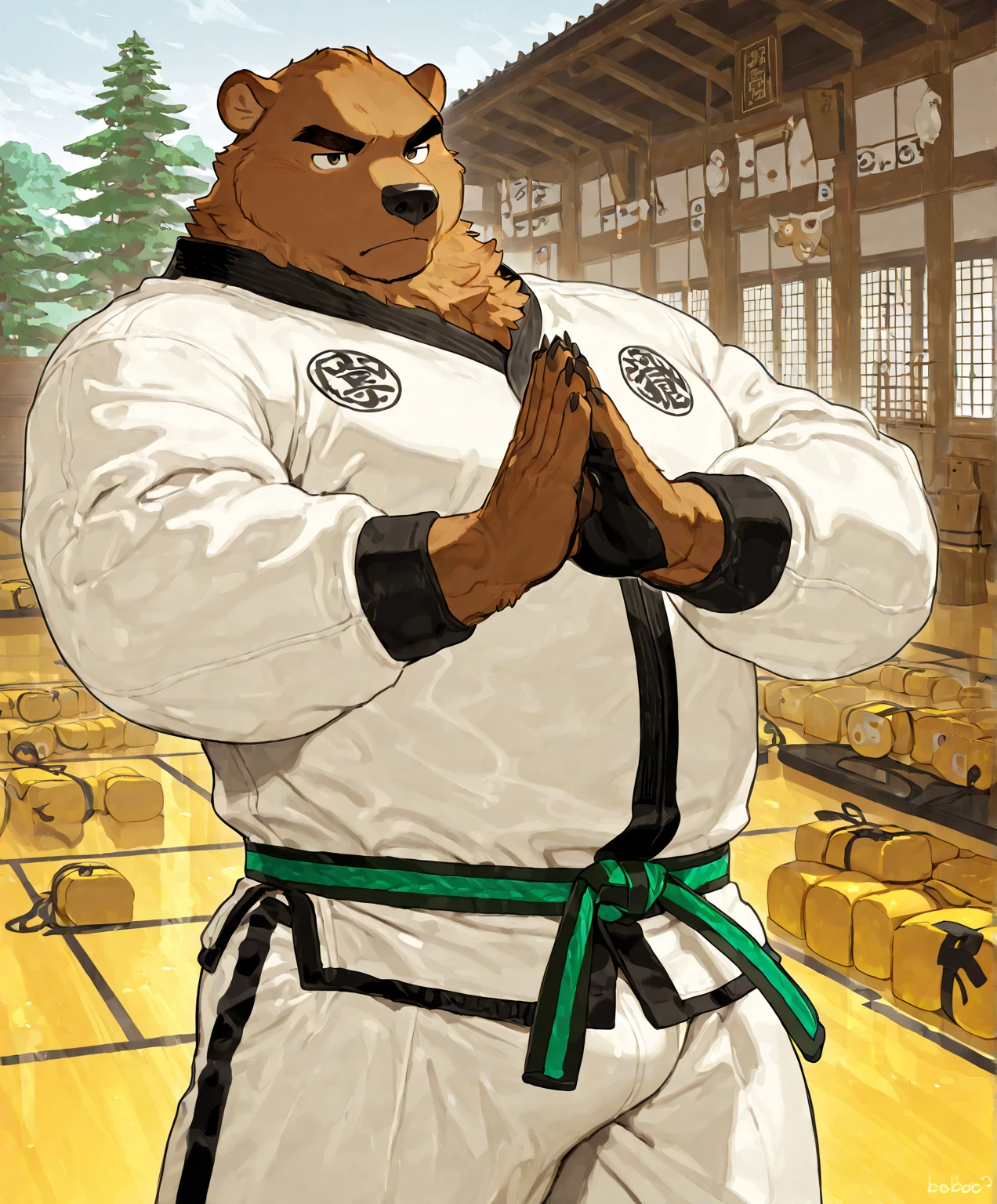 highest res, red panda, anthro, 4 fingers, most realistic detailed accurate blurred background, middle aged mature male in early 50's, musclegut, musclegut anthro, musclegut male, tail, standing in most realistic detailed 1990's karate dojo, solo, by dramamine, by nanoff, by minedoo, by dream_and_nightmare, by horrorbuns, very fluffy multi tone red panda fur, full body view, most realistic most detailed red panda fur pattern, color, and markings, most calm relaxed most tough and manly face, dynamic most tough and manly serious karate pose, smiling, smiling at viewer, frontal view, fully front facing view, american, karate, 1990's, average height most fat and chubby most sexy stocky muscular body, dad bod, daddy, dilf, open mouth, open eyes, detailed dark pupils, fully clothed male, perfect quality, masterpiece, perked up ears, facing viewer, without text, indoors, closeup, most detailed huge pecs and moobs, most detailed slightly big belly, most realistic body proportions, most tough and manly, most detailed red panda teeth, bottomwear, wearing most detailed very tough and manly masculine 1990's karate uniform karate belt and karate headband, hdr, 8k, most detailed short red panda hair, most detailed short most tough and manly mature most accurate masculine hairstyle, an14, best anatomy, perfect ergonomics, noon, e621, most masculine male, karate instructor, martial arts,