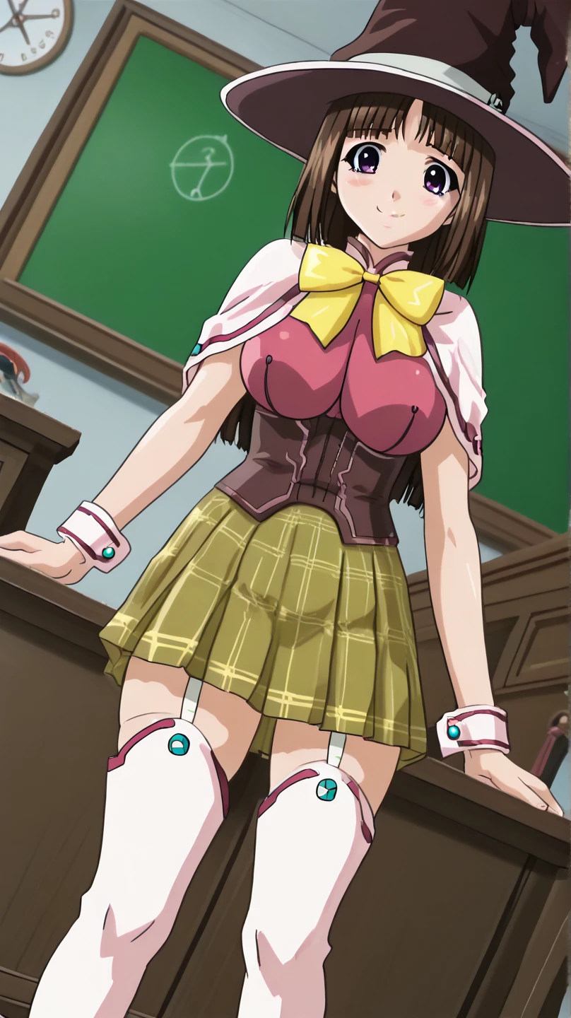 1 girl, (solo), ((amanogawaki)), best quality, highres, high quality, 8k, HD, super detail, anatomically correct, UHD, accurate, (masterpiece:1.2), (high quality:1.0), (ultra detailed), (Front View), (evil smile), Brat, (Uniform), Adolescent, Headband, (Skirt Lift), (No Underwear), ((Vagina))