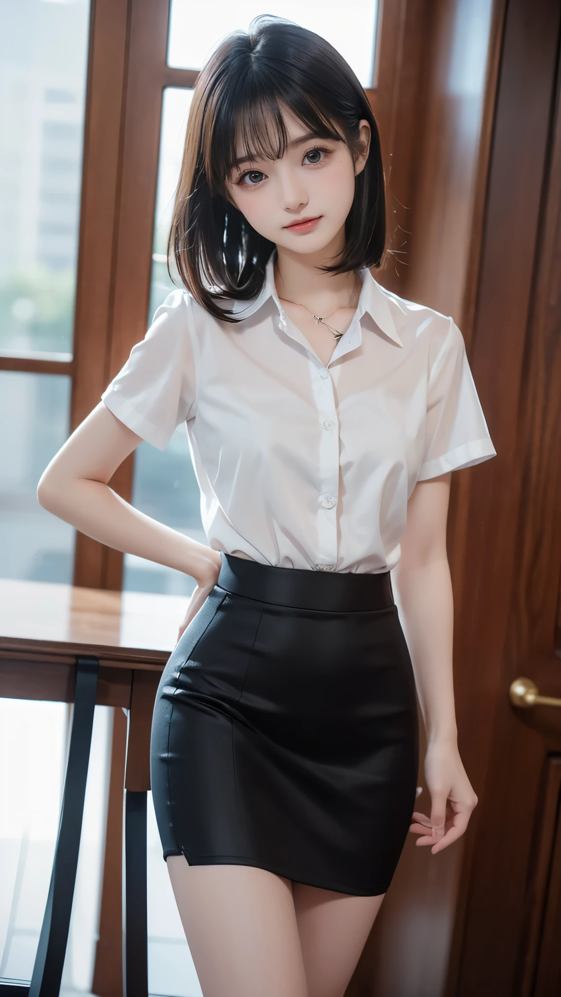 hightquality、 masterpiece、 独奏、 Beautuful Women、Beautiful delicate face、Beautiful delicate eyes、cute face、 (photographrealistic:1.3)、(one length bob:1.3)、(Beautiful woman with perfect body:1.tudio Lighting、 (High Detail Skins:1.2)、 physically-based renderingt、8K UHD、 hightquality、 hight resolution、 8K、 bokeh dof、 absurderes、 (realisitic:1.3)、(White collared shirt、tight skirts:1.2)、鎖骨、 beauty breauffy breasts、Vajiri、a short skirt、FULL BODYSHOT、(Slender beauty:1.2)、erotick、A sexy、Ofoom、glowy n、randome pose