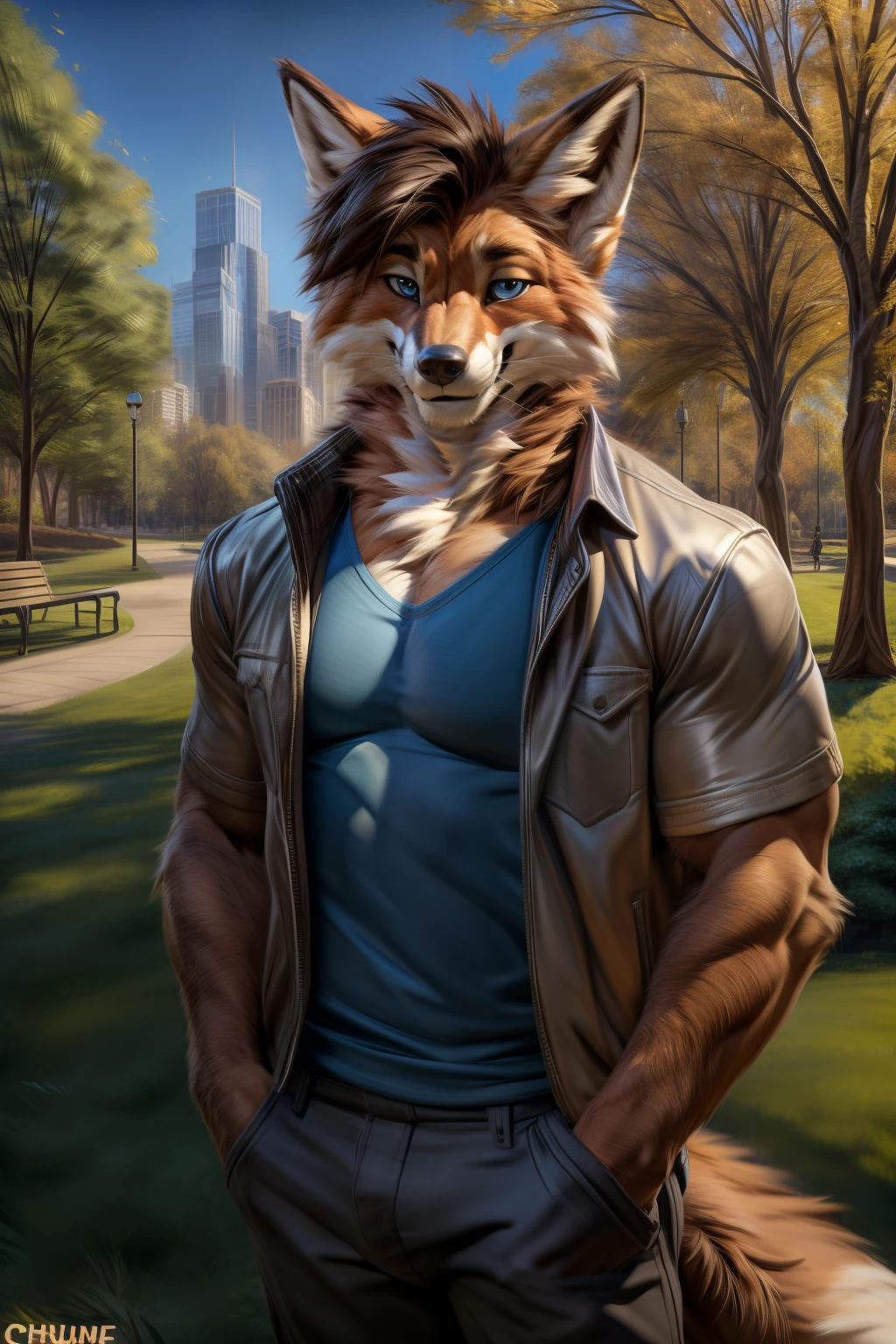 male, canine, white fur, orange eyes, orange hair, glasses, brown arms, muscular, in a park,, shirtless, by darkgem