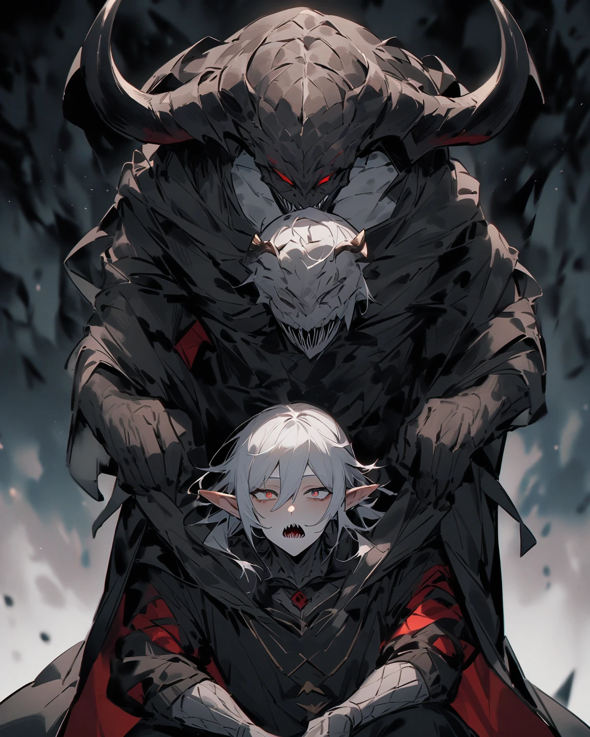 solo, nidhogg fused with odin and sun wukong, tall tanned man with wild unruly white hair, bangs on face, bangs on eyes, ((hair completely covering eyes)), black sclera on eyes, long voluminous hair, spiky hair, pointy ears, fit bara , open haori, turtleneck tanktop, manly jaw, dark crystal antlers, exhausted expression, khaenr'ah abyss, draconic sovereign, calamity incarnate, full body