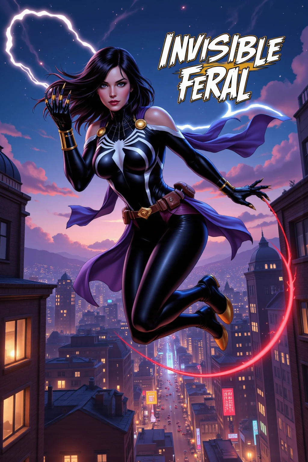 (((COMIC STYLE, CARTOON ART))). ((1 girl)), lonly, A comic-style image of Psylocke, with her as the central figure. She is standing, with her hands holding two katanas. She wears a purple and pink costume, with a purple and pink mask. She has long, straight purple hair, purple eyes, and red lips. (((Hot body, sexy, sensual, camel toes))), She is surrounded by a night city, with skyscrapers, bridges and lights. She has a determined and confident expression, as if she is ready to fight crime.