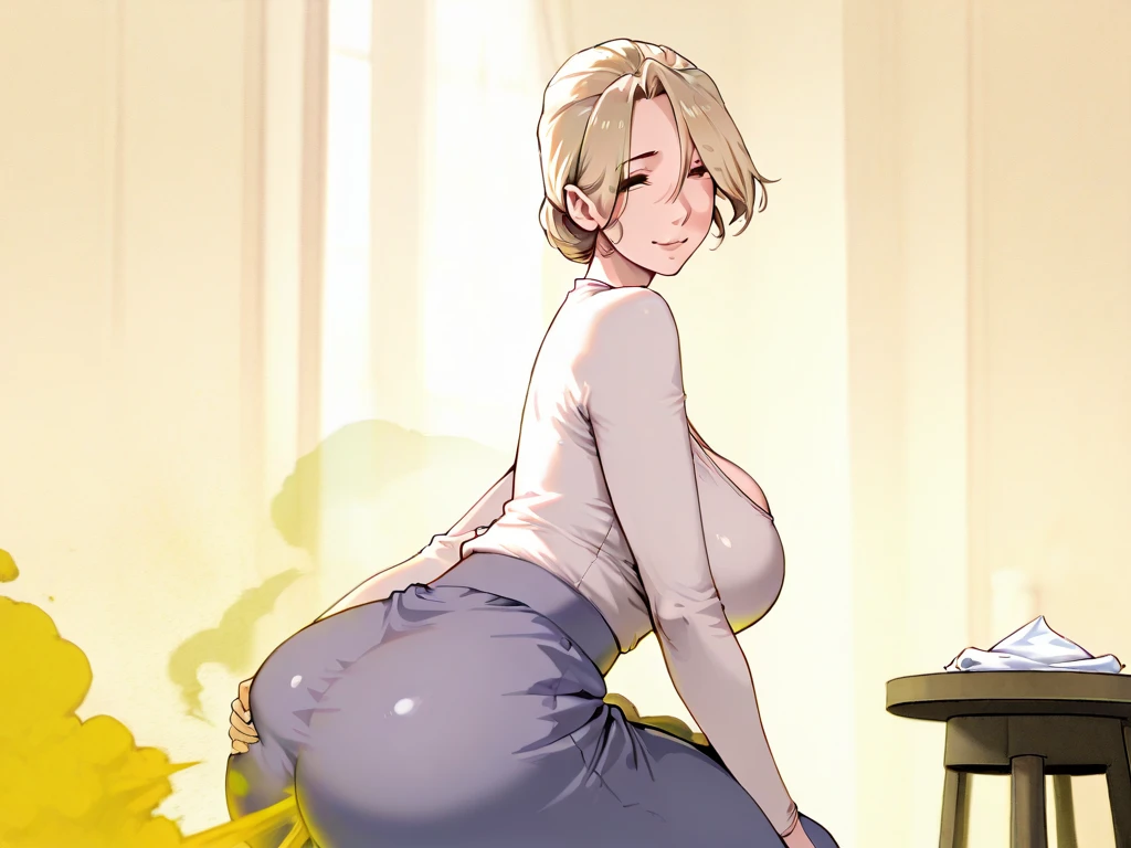 beautiful, (masterpiece:1.2), (best quality:1.2), perfect eyes, perfect face, perfect lighting, 1girl,mature, MILF, medium breasts, leggings, white plaid shirt, neckline, short hair(blonde), necklace, earrings, ring, long nails, one hand on hip, office, rural background,smiling, blush, thick thighs, blue dress