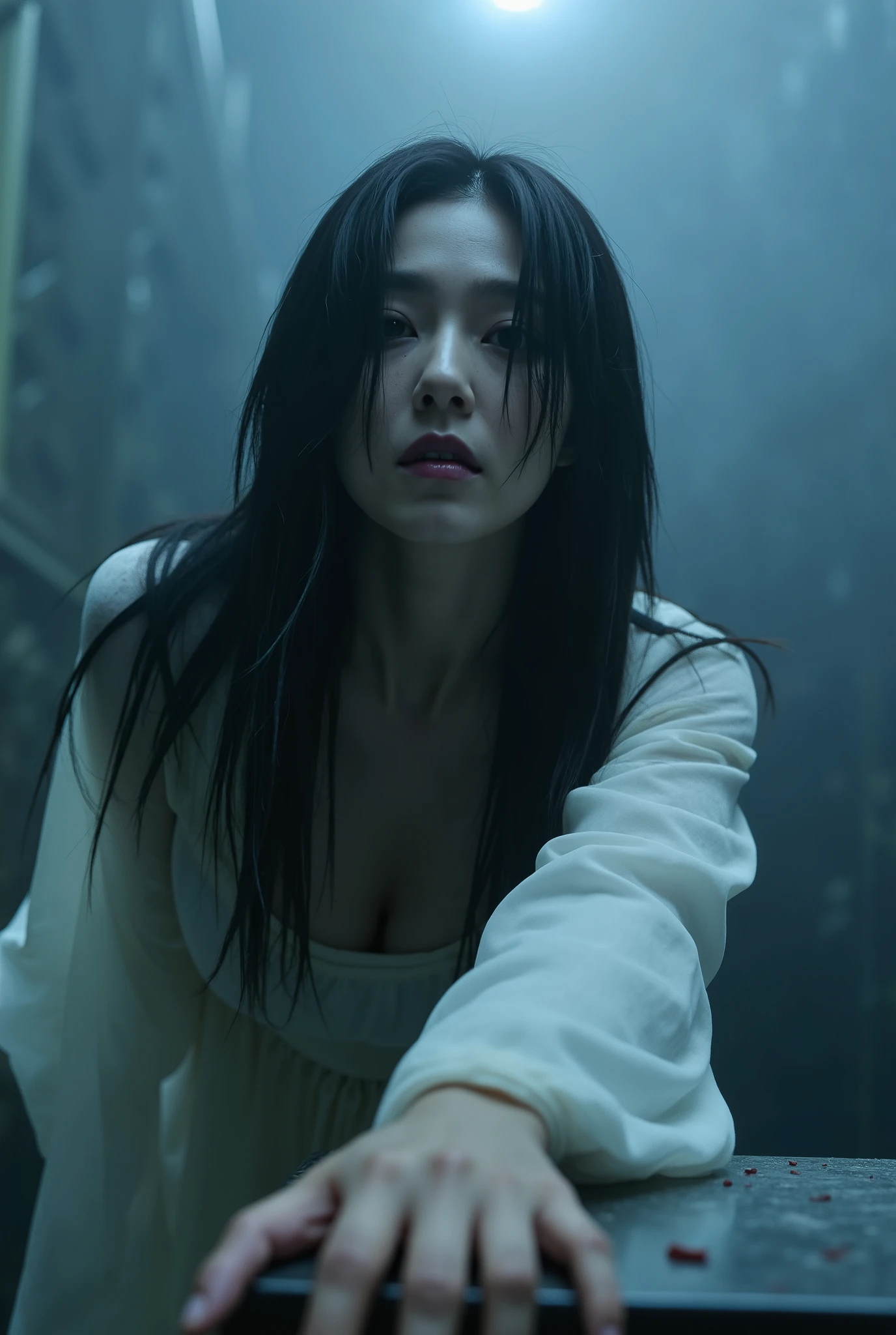 Create a scene featuring a beautiful Japanese actress is captured in a chilling scene from a horror movie. She has lifeless, pale skin and an unhealthy complexion, with deep purple lips. Her long, unkempt black hair is disheveled, partially obscuring her face, adding an eerie effect. She wears a flowing, pure white dress that accentuates her otherworldly appearance. The setting is in front of an old mansion's well, shrouded in thick mist, as she clings to the edge, attempting to crawl out. The lighting is dramatic, enhancing the overall sense of terror and suspense.