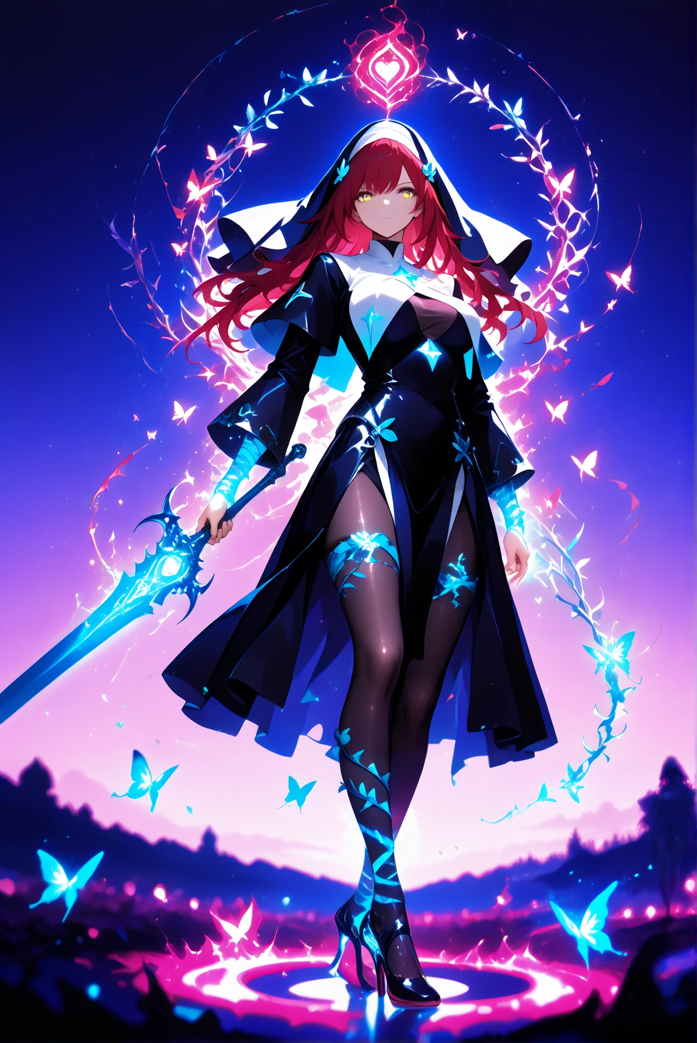 1 woman, Dragon Slayer, Giant Weapon, sword , holding sword , holding a weapon, Hole High Heels Limited color palette , Colorful, vivid color ,Flashing silhouette ,Neon ,Black light , masterpiece, is very beautiful ,red hair, long hair, hair ornaments,golden eyes, casts a huge blue glowing round spell, her hand to cast a pink magic spell where there is a glowing heart symbol on it. , Twisted vine spell that cast a green glow from your hands, cast a huge blue glowing round spell, nun,pantyhose,luminous mantra breast curtains,using yellow magic,using green pink, purple, red, blue, and the sky is full of cluttered glowing,green pink purple red blue glowing magic splashes,splash of color,glowing splash,high contrast,night sky,Matthyser's work,ultra high resolution,depth of field,butterfly,extreme beauty,purple theme,blurred color,multicolored bright light,colorful glow