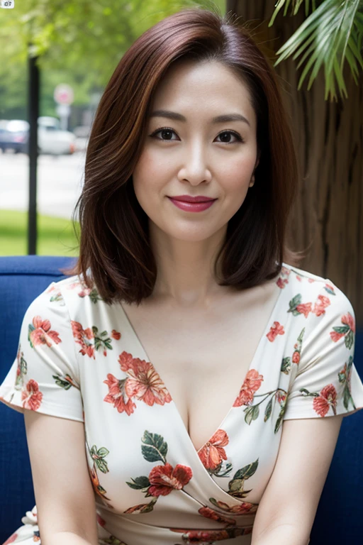 8k wallpaper, masterpiece, Highest quality, Super detailed, One Mature Woman, 50 years old, Become very clear, Wearing a short-sleeved blouse, Skin dents, Captivating smile, Looking at the audience, Cleavage, plump, Curvaceous, Fascinating face, Smiling with teeth showing, Wrinkles around the eyes, Sitting on a park bench, Background Blur
