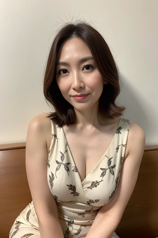 (8K、RAWE Photo、Highest quality、masterpiece:1.2)、(Real、Photorealistic:1.37)、Super detailed、Ultra-high resolution、1 girl、Beautiful detailed face、(Feather Cut: 0.6)、Professional Lighting、The lighting is bright、actress、model、Japanese、Full body、Wide-angle shot、Daytime、bright、 simple background ,Simple Background、Model posing, full body , cowboy shot ,40-year-old woman、Mature Woman、smile、Left arm slightly raised、