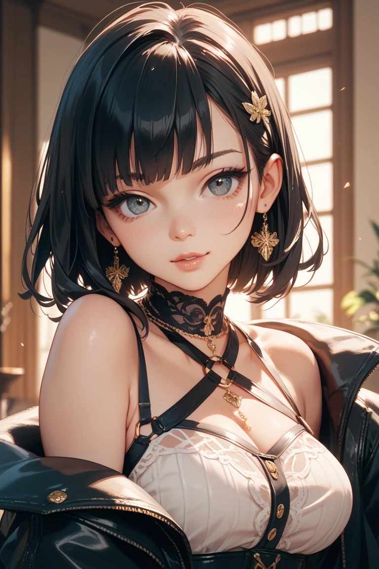 (best quality, highres, ultra-detailed), beautiful detailed eyes, perfect lips, sexy, amazing portrait, messy bun, black hair, amazing makeup, intense blush, flustered, lustful, black blouse, sheer dark green saree, hot, vibrant colors, soft lighting