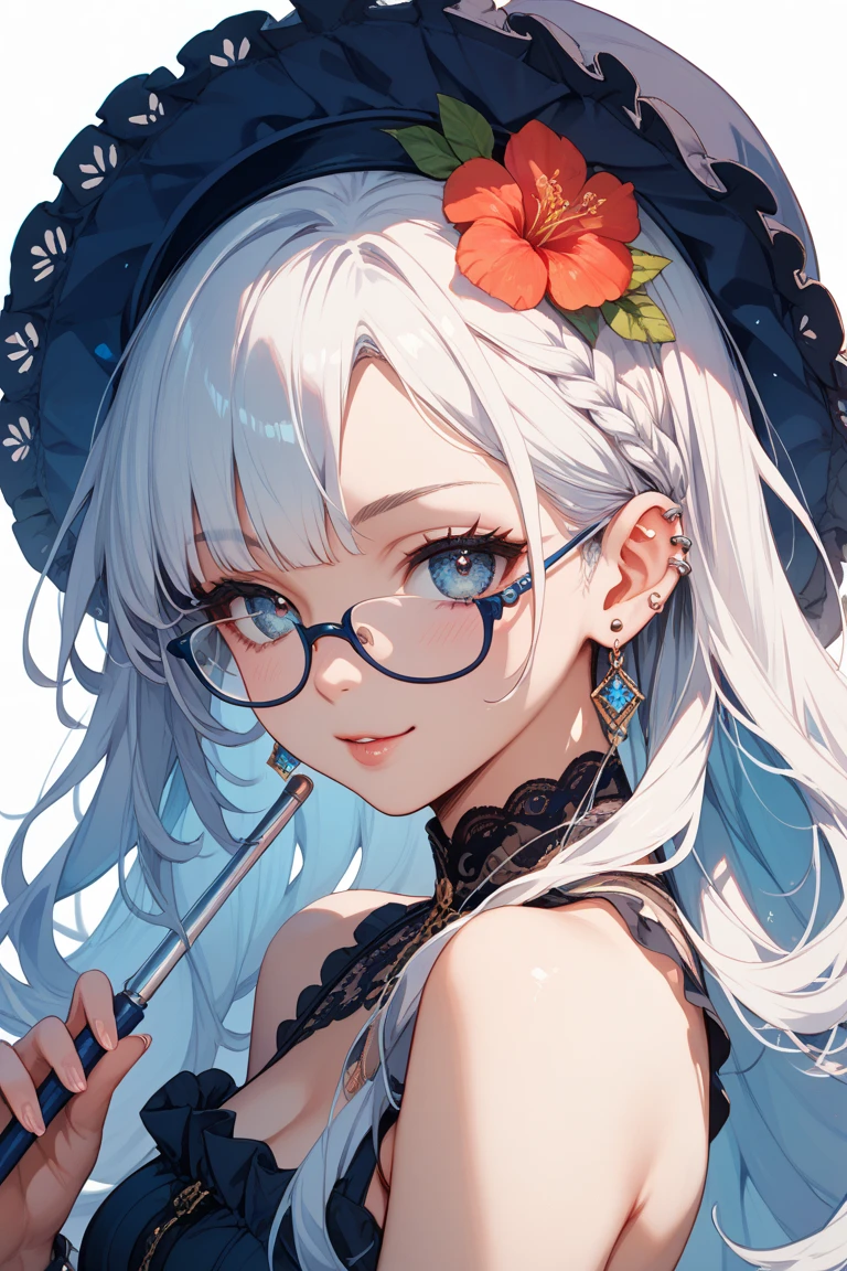 {8K images}, 1 female (Solitary), Beautiful woman, 30 years old, Greek nose and thin lips, plump, blue eyes, wear glasses, Neck tattoo, face camera, {Face portrait}, fit snugly on face, Face and breast photos only, Background forest, Comic art style, beautiful Line Art, Line Art
