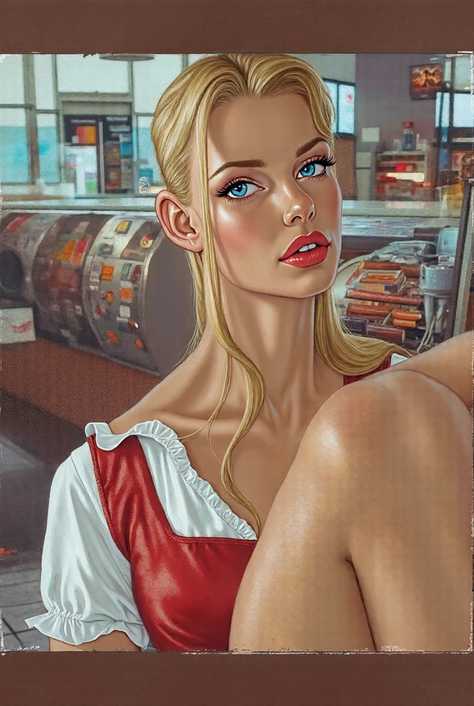 1 pretty girl，white skinned，white  hair，shorter pants，looking at viewert，pony tails，Cafe，Blue eyes，Realistis，Curvaceous pose，Bigchest，huge smile，low chest