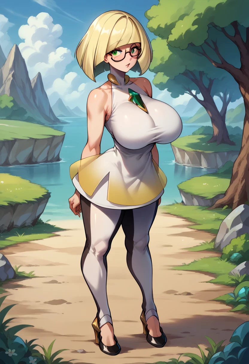 amicia michella - nijisanji, 1girl, brown short hair, yellow inner hair, wavy hair, green eyes, detailed eyes, thin lips, painted lips, shy smile face, wide hips, thick thighs, huge round ass, shiny oily breasts, white bridal dress, full body, sunset, garden, dynamic pose, nsfw, high res, ultrasharp, 8K, masterpiece